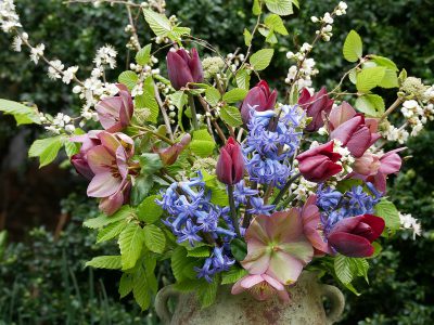 Strauß mit Lenzrosen, Hyacinthus Blue Festival und Schlehenblüten