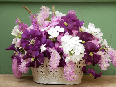 Strauß mit Clematis Etoile Violette und Sanguisorba Pink Brushes